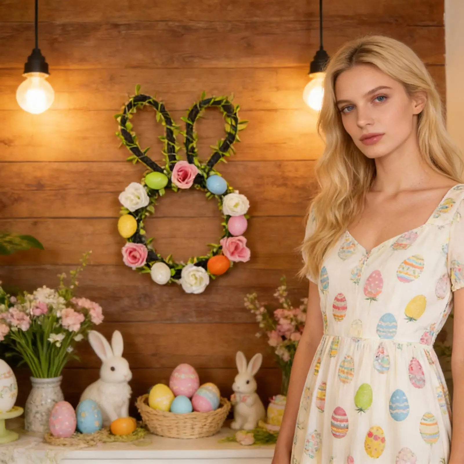 Easter Wreath Artificial Spring Decor Patio Bunny Ear Egg Flower Qme