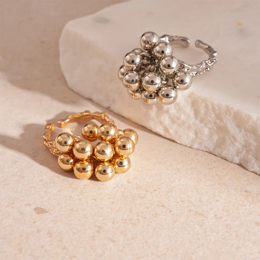 Vintage Metal Beads Ball Open Ring for Women European and American Irregular Personality Exaggerated Trend Finger Jewelry Gifts Qme