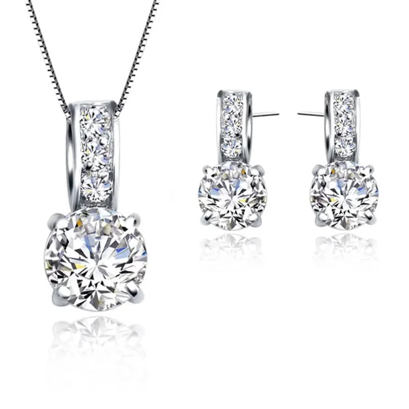 925 Sterling Silver Color Bridal Jewelry Set Classic Cubic Zircon Crystal Pendant Necklace Stud Earrings for Women Girls Gift Qme Default Title