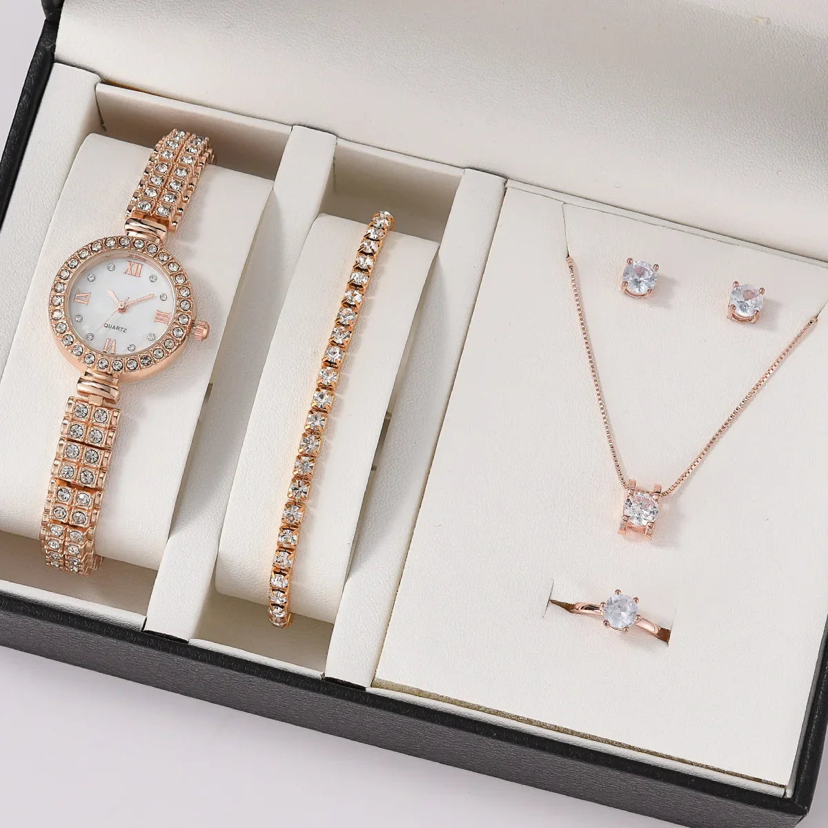 Women Quartz Watch Luxury with Diamonds Simple Stainless Steel Strap Clock Ring Necklace Earrings Rhinestone Set Reloj (no Box) Qme MGJ2