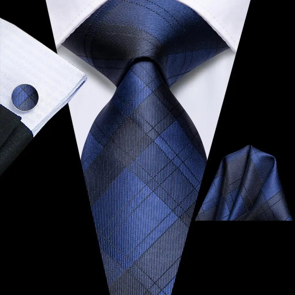 Hi-Tie Striped Navy Blue Mens Fashion Necktie Handkerchief Cufflinks for Tuxedo Accessory Classic Silk Luxury Tie for Man Gift Qme SN-3767