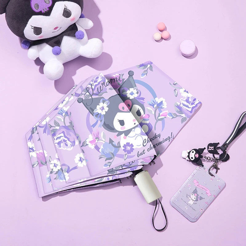 Hello Kitty Kuromi Cute 3-Fold Automatic Umbrella Dual-Purpose Sun and Rain Umbrella with UV Protection Qme