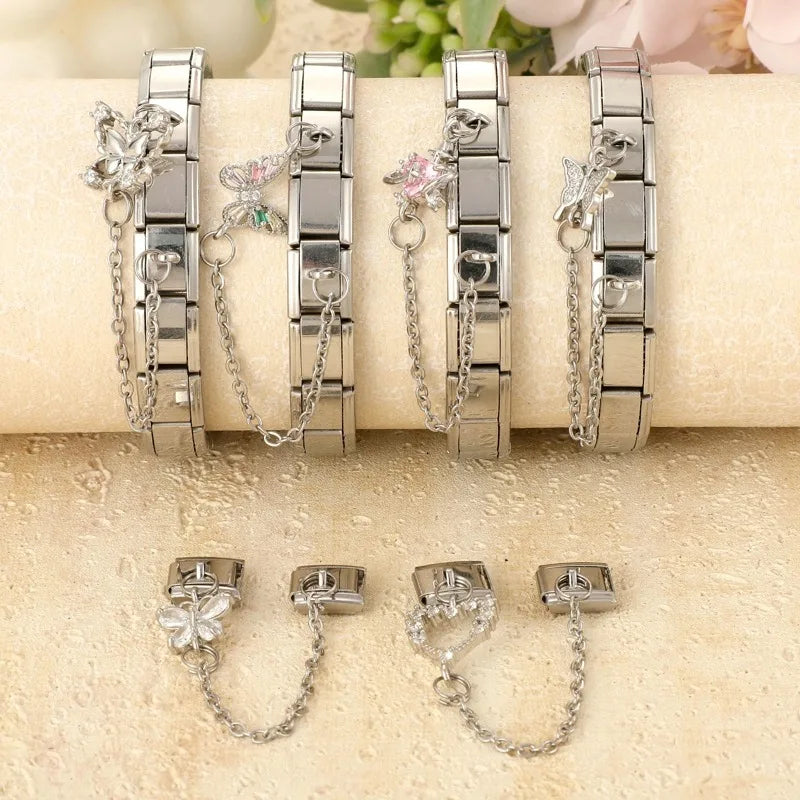 Zircon Heart Planet Butterfly Peach Tassel Chain Italian Charm Links Fit 9MM Stainless Steel Bracelet Women DIY Making Jewelry Qme