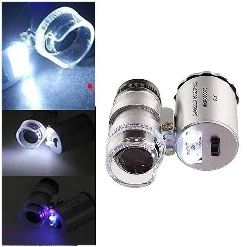 Mini 60X Microscope LED Jewelry Loupe UV Currency Detector Portable Qme