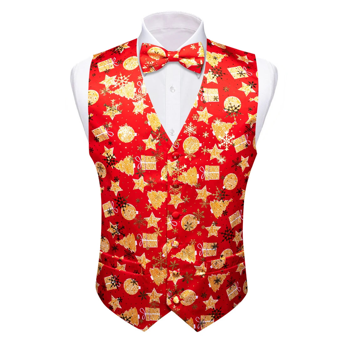 Christmas Colorful Vest Bow Tie Pocket Square Cufflinks Set 4 Pieces Xmas Wedding Party Suit Accessories Gifts for Dad Boyfriend Qme