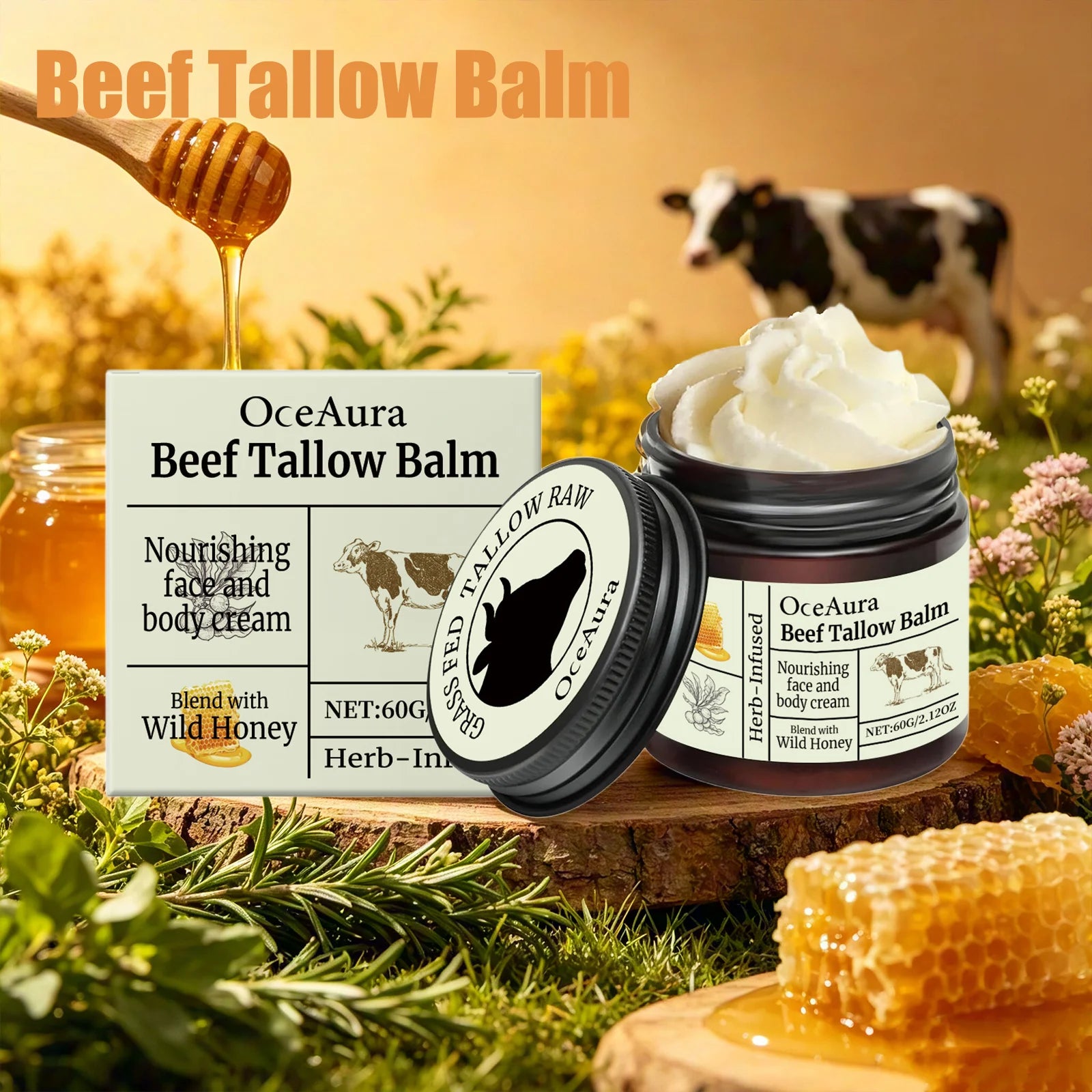 OceAura Beef Tallow Balm Wild Honey Infused Deep Moisturizing Gentle Sensitive Skin Friendly Facial Body Nourishing Care Cream Qme