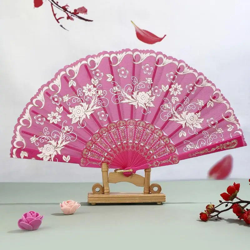 Gold Powder Plastic Fan Art Craft Home Decor Vintage Folding Chinese Qme