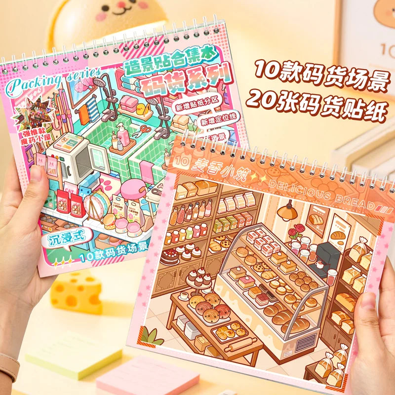 Creative Cartoon 3D Landscape Sticker Book PET DIY Cabin Scene Sticker Miniature House Sticker Cabin Scene Stationery stickers Qme