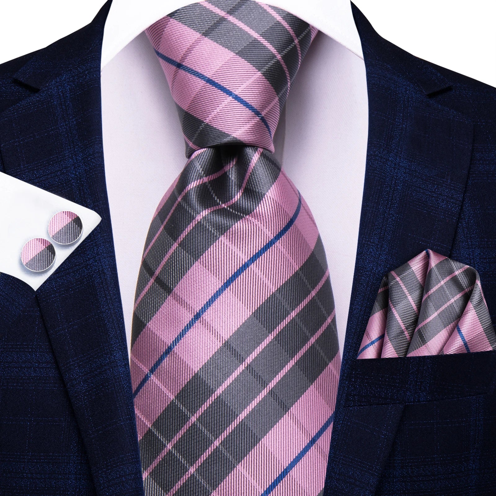 Hi-tie Mens Tie Blue Checks Plaids Silk Wedding Men Fashion Design Qme HT-N-0185