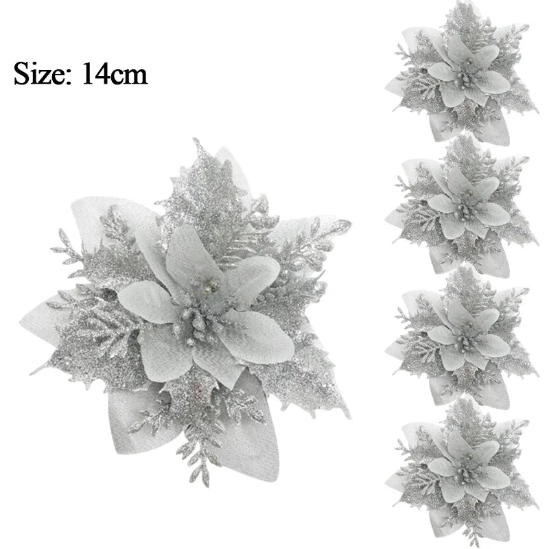 10/1Pc Christmas Glitter Artificial Flowers DIY Christmas Tree Hanging Ornaments Fake Flower For Xmas New Year Party Decor Gifts Qme Silver 10pcs