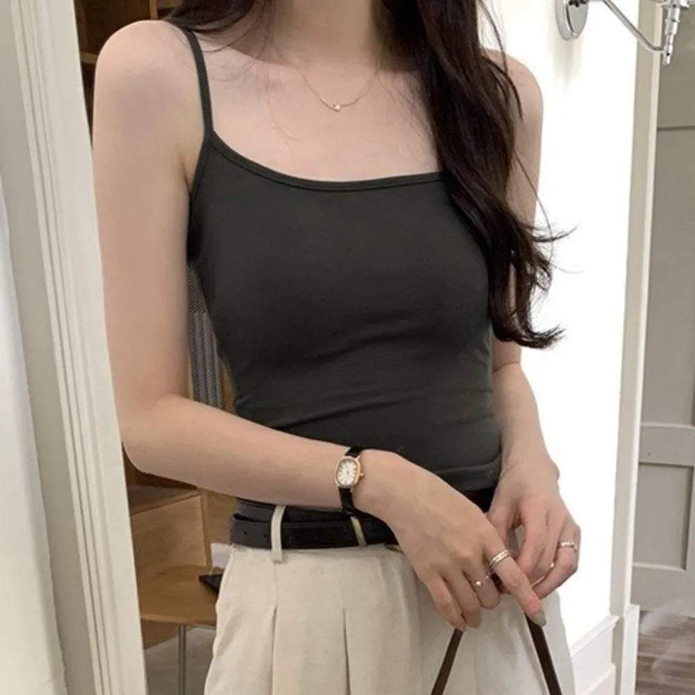 Tank Top Simple Spaghetti Straps Camisole Korean Style Cotton Slim Crop Top Solid Color Bottoming Shirt Sling Vest Women Qme
