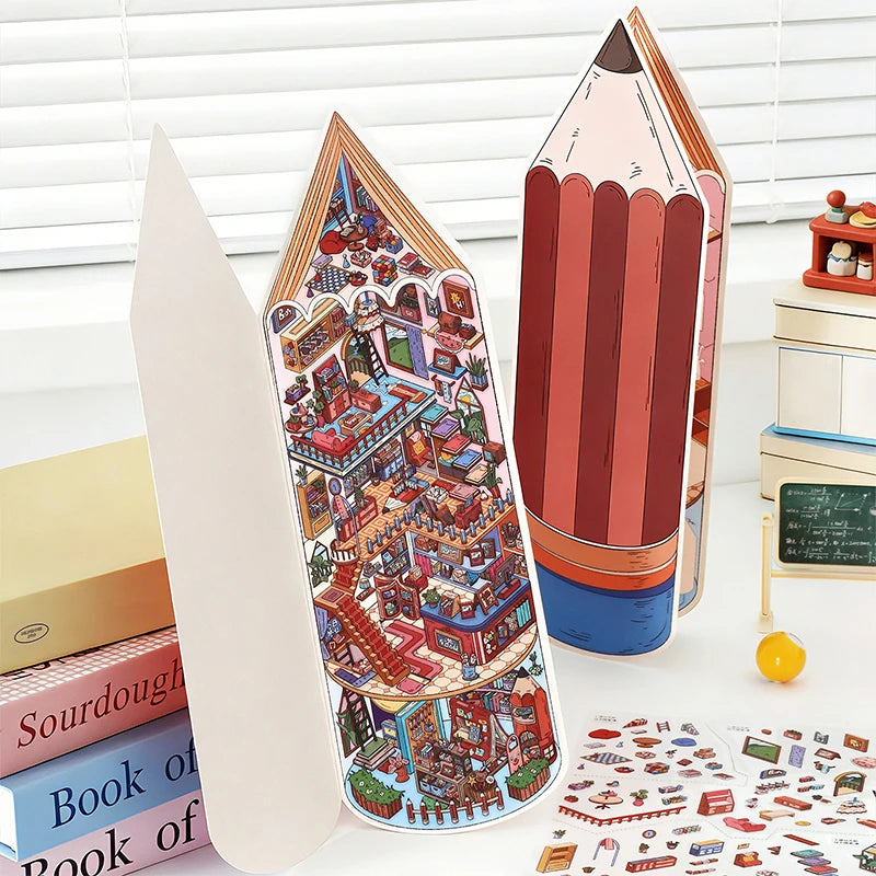 Pencil House Scene Sticker Set, Miniature DIY Decor Stickers for Stress Relief, High-Value Healing Stickers for Collection Gifti Qme