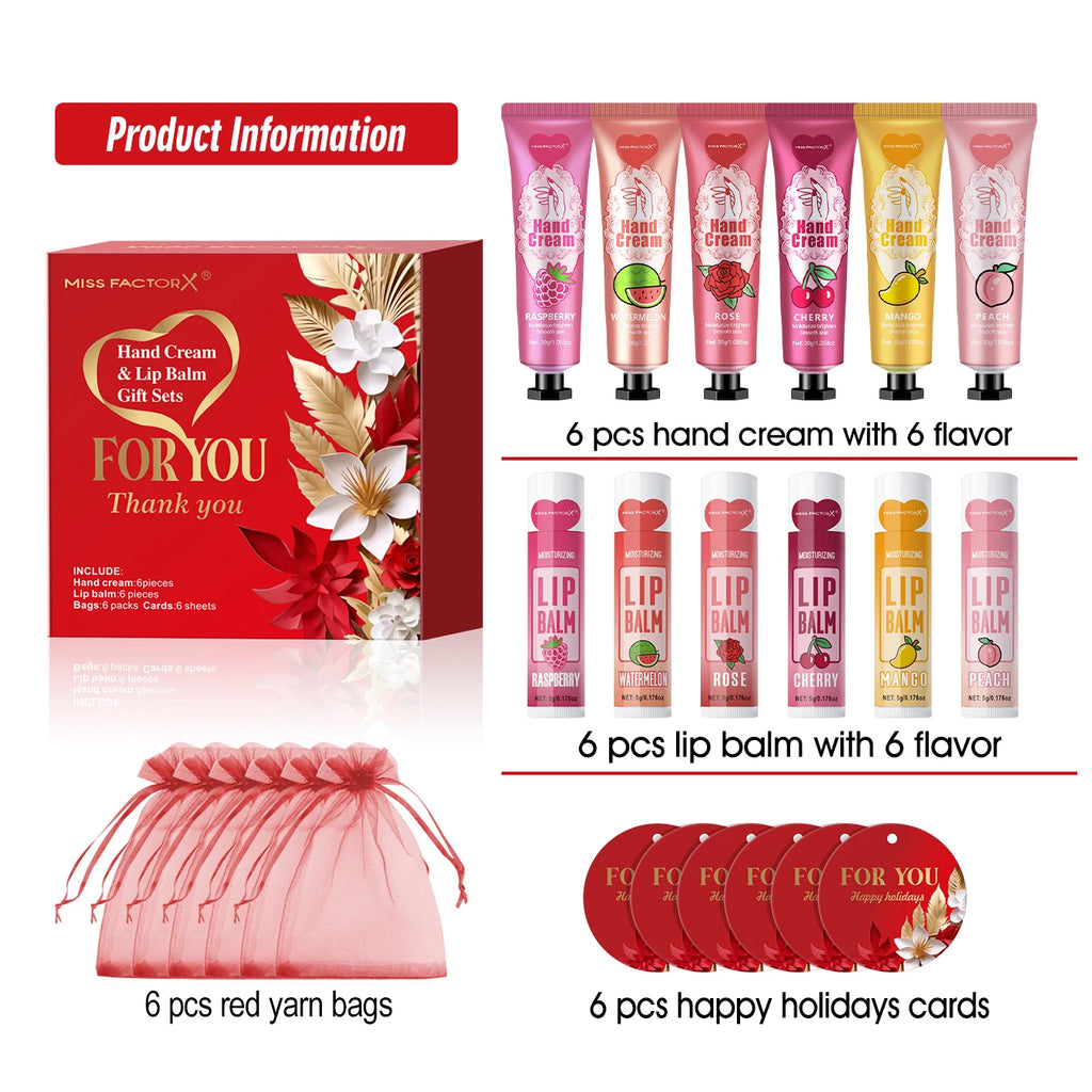 24PCS/box lip balm in bulk, hand cream in bulk thank you card and red gauze bag, wedding gift to guests, Christmas and New Year Qme 24PCS gift set