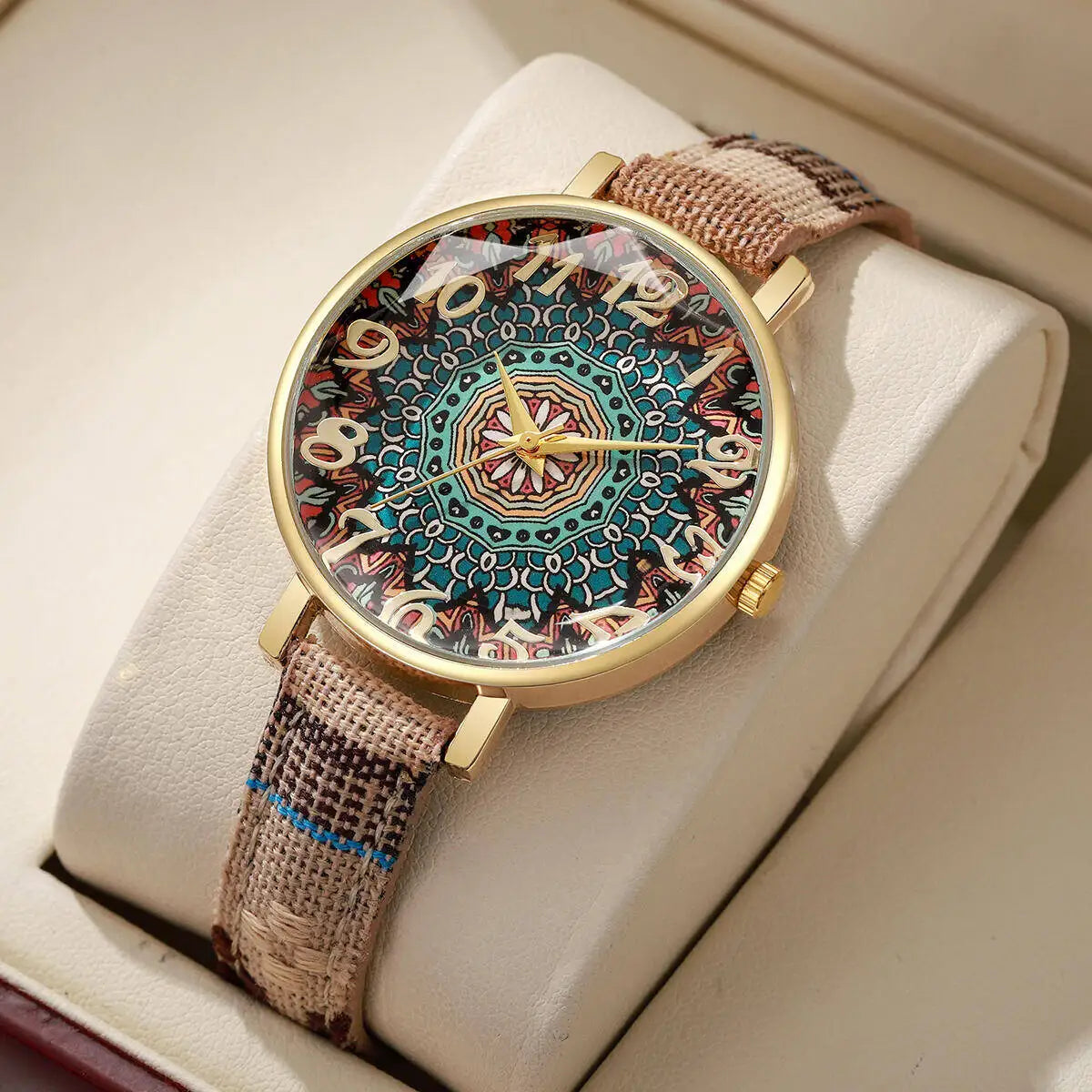 2/3/5PCS Fashion Women Watches Vintage Flowers Printed PU Strap Quartz Watch Reloj Mujer（Without Box） Qme Beige Without Box
