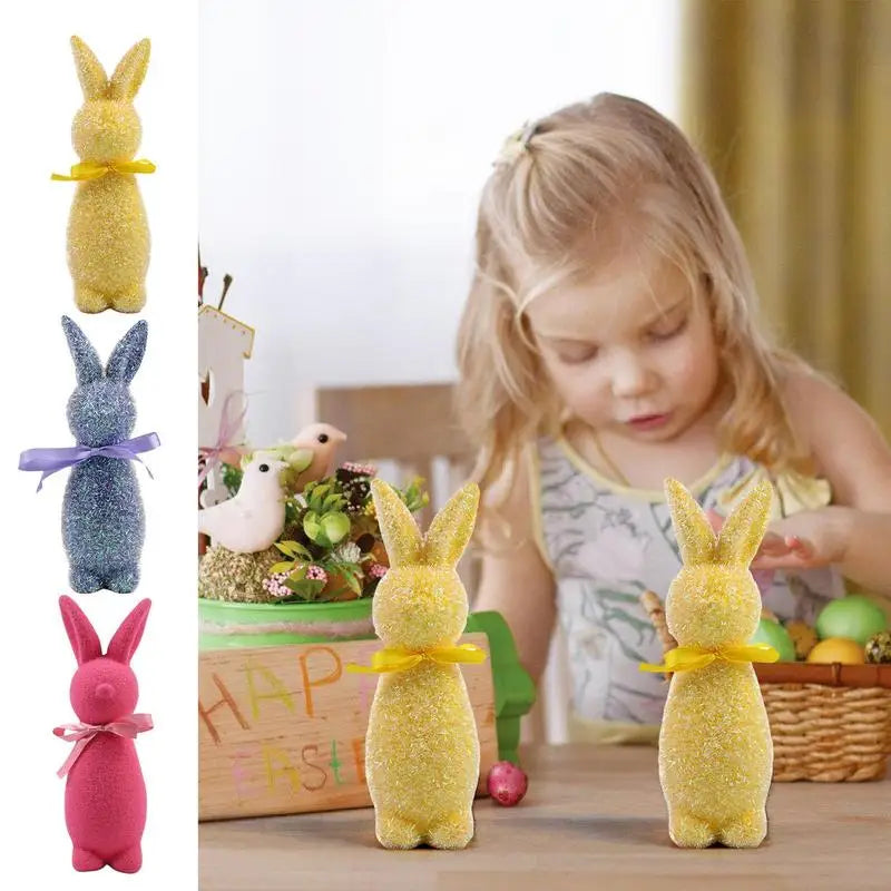 Easter Bunny Flocked Small Decorative Standing Rabbit Statues Bow Tie Qme