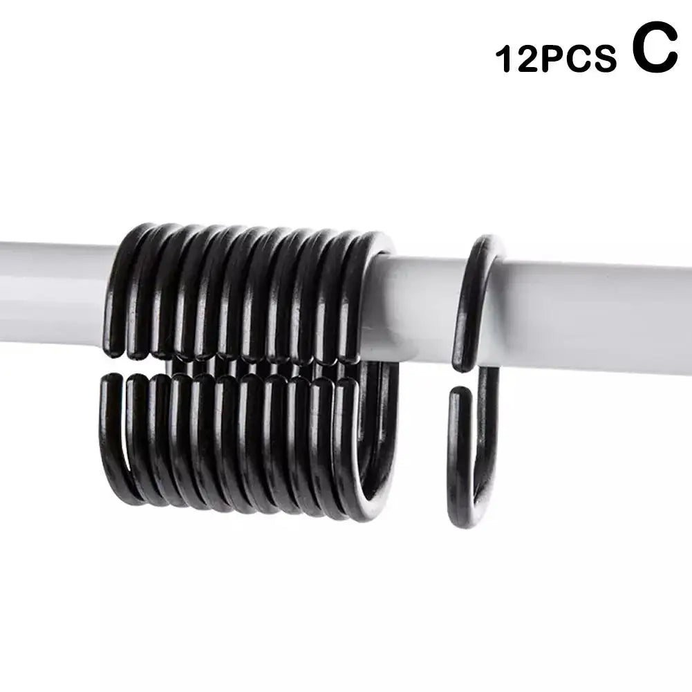NEW 12PCS Plastic C Type Shower Curtain Hook Hanger Bath Drape Loop Clip Glide Convenient Replacement Bathroom Accessories Qme black