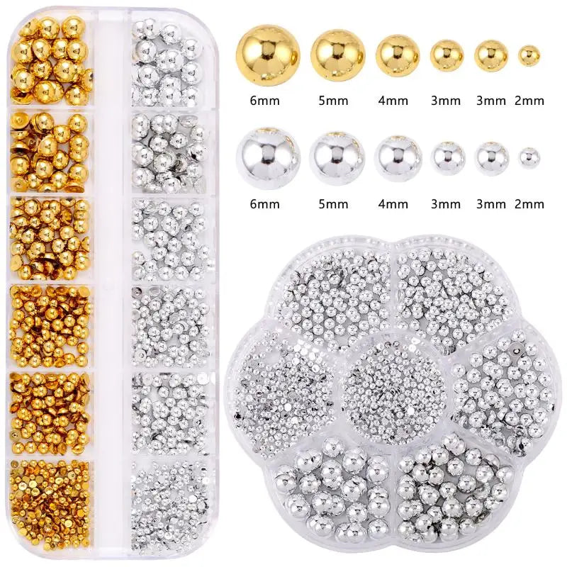 12Grids Mixed Semi-circular Pearl Gold Silver Nail Charms Decor Qme