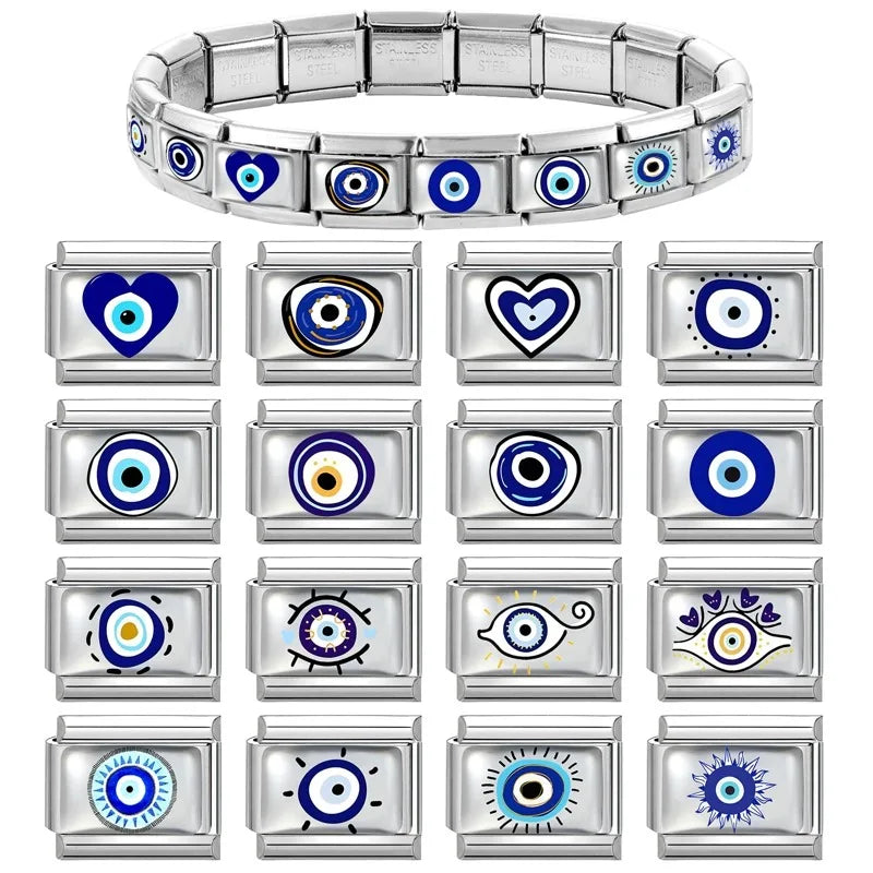 Wholesale Women Fashion Blue Pattern Sea Wave Blueberry Eyes Italian Charm Fit 9mm Stainless Steel Bracelet Jewelry Making DIY Qme