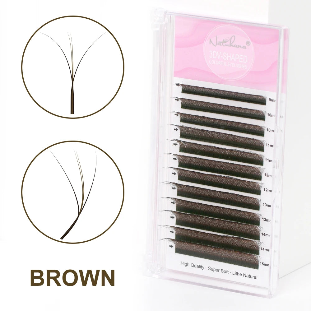 NATUHANA Colorful 3D W-shape Lashes Premade Volume Fan Lash Qme Brown D 0.07mm|Mix9-15mm