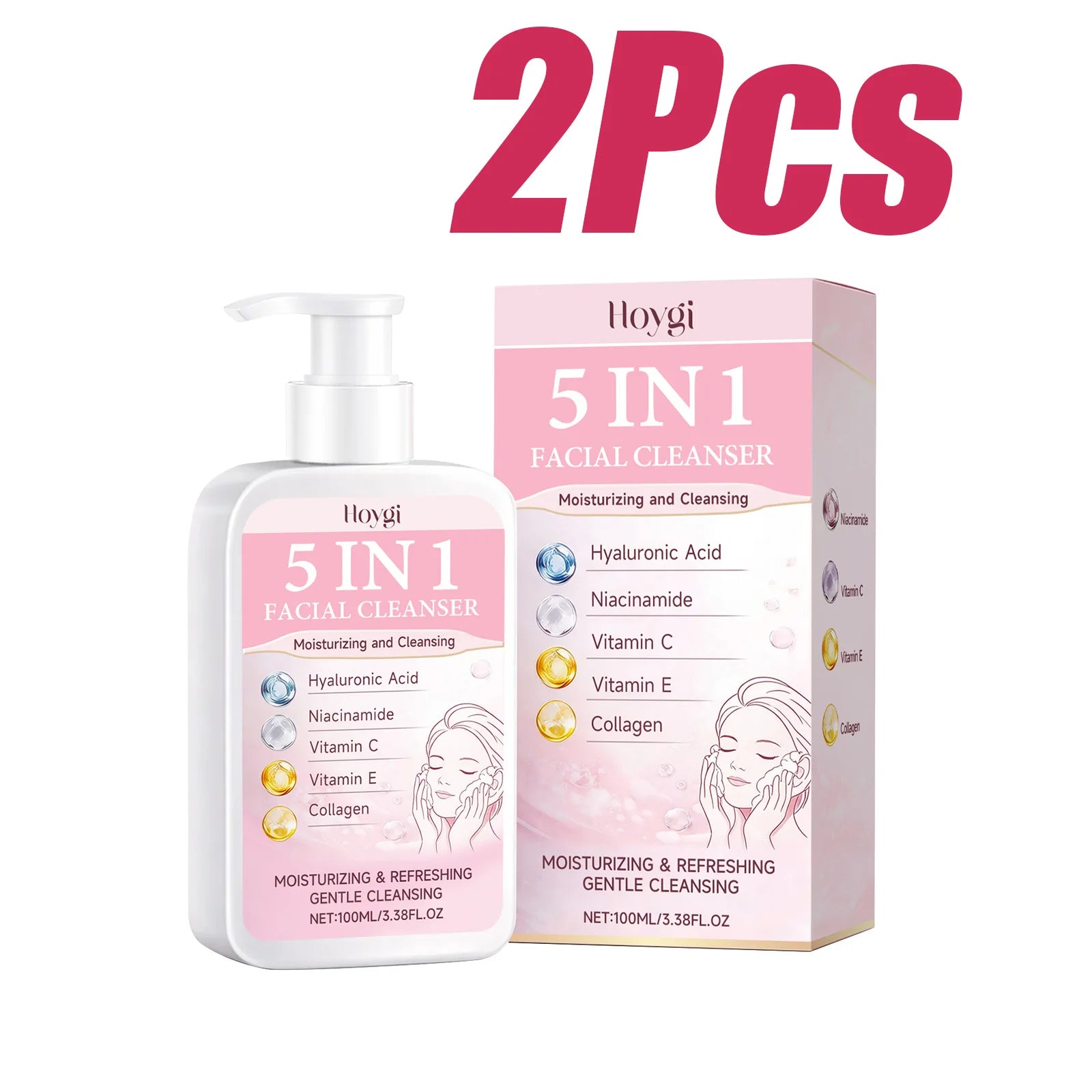 5 in 1 Moisturizing Facial Cleanser Refreshed Cleansing Makeup Remover Brightening Hydrating Light Texture Rich Foam Cleanser Qme 2Pcs