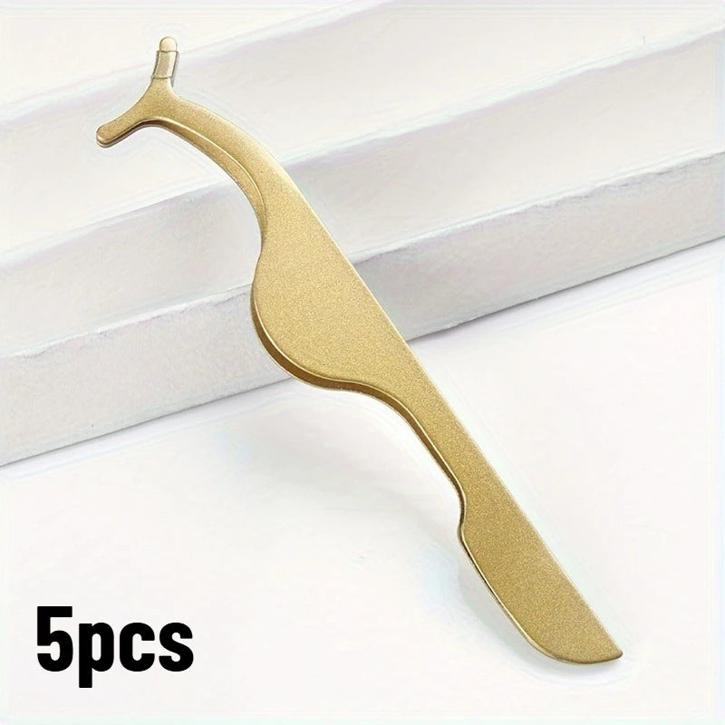 5pcs Lipstick applicator, artificial eyelash adhesive forceps, eyelash curler, eyebrow clip, eyebrow comb Qme Golden