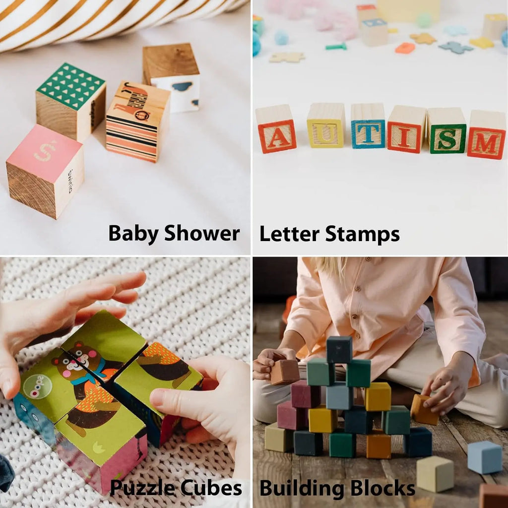 DIY Blank Wooden Blocks Set, Unfinished Wood Cubes For Kids Painting Stacking Crafts Qme