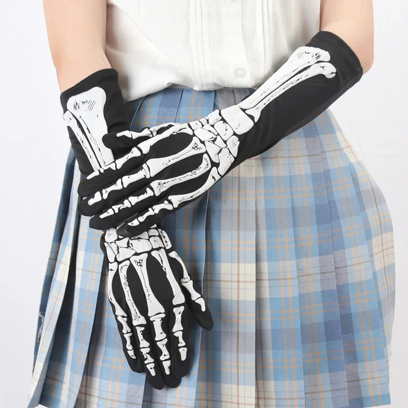 Black Punk Long Gloves Unisex Halloween Skeleton Skull Half Finger Qme