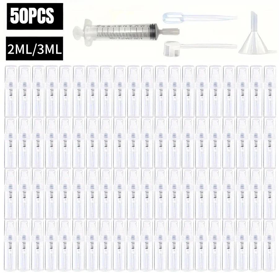100 Spray Bottles 2ML/3ML- Odorless, BPA-free clear refillable travel atomizer, portable mini-sprayer for perfume and cosmetics Qme Plastic 50pcs 2ml