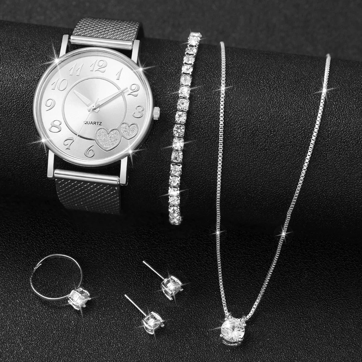 Simple Silver Tone Ladies Watch Set Mesh Metal Strap Matching Solitaire Crystal Jewelry Set For Women Daily Wear Qme