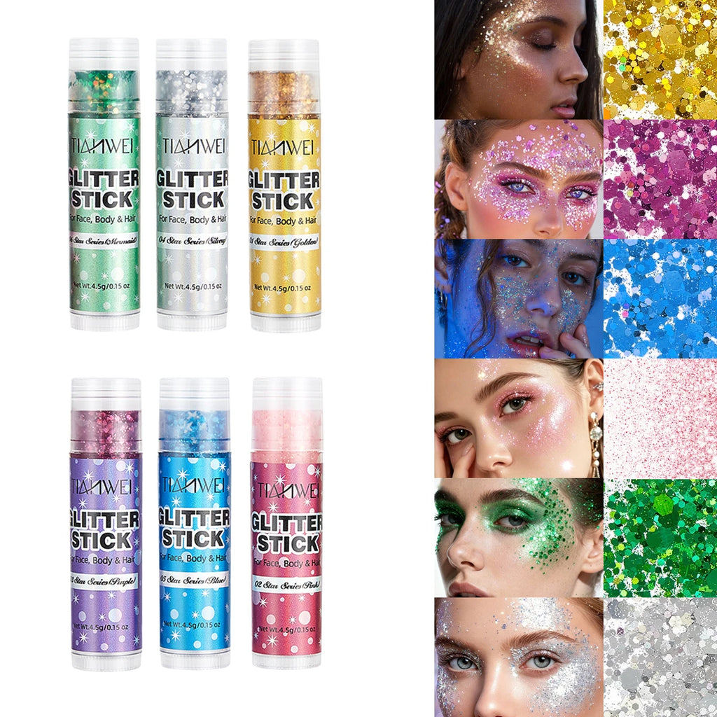 6-Pack Glitter Stick Sequin Gel Face Waterproof Sweat Proof Qme 6PCS