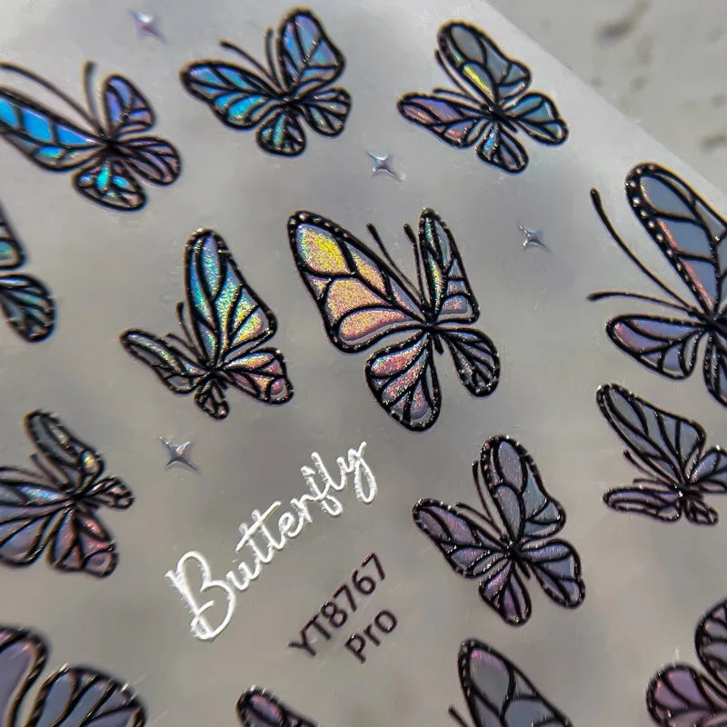 3D Embossed Holographic Butterfly Nail Stickers, Iridescent Aurora Self Adhesive Waterproof Decals for Nail Art DIY Manicure Qme