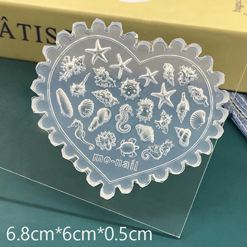 3D Seashell Nail Art Mold Silicone DIY Ocean Starfish Conch Dolphin Nail Design Molds High Transparent Nail Art Carving Template Qme 128 Heart