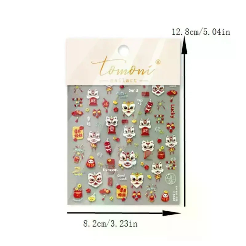 Cute Chinese Year Horse Lion Dance Bow Nail Art Print Stickers Lucky Qme