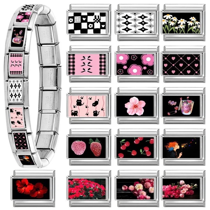 Wholesale Brilliant Rainbow Pretty Girl Black Italian Charm Links Fit 9MM Stainless Steel Bracelet Women Y2K DIY Making Jewelrys Qme