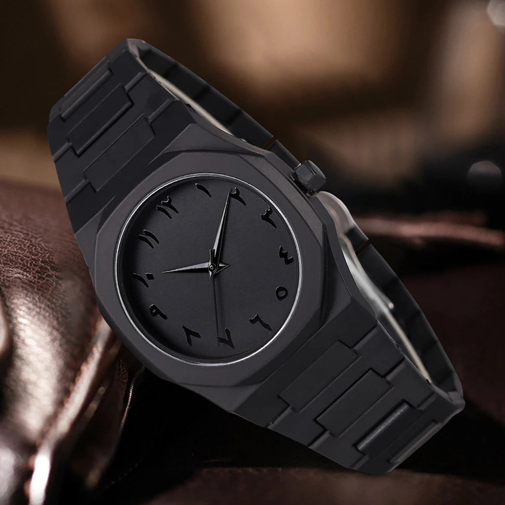 Matte black octagonal Arabic numerals men's watch infinite symbol leather wood bead woven bracelet four pieces Qme