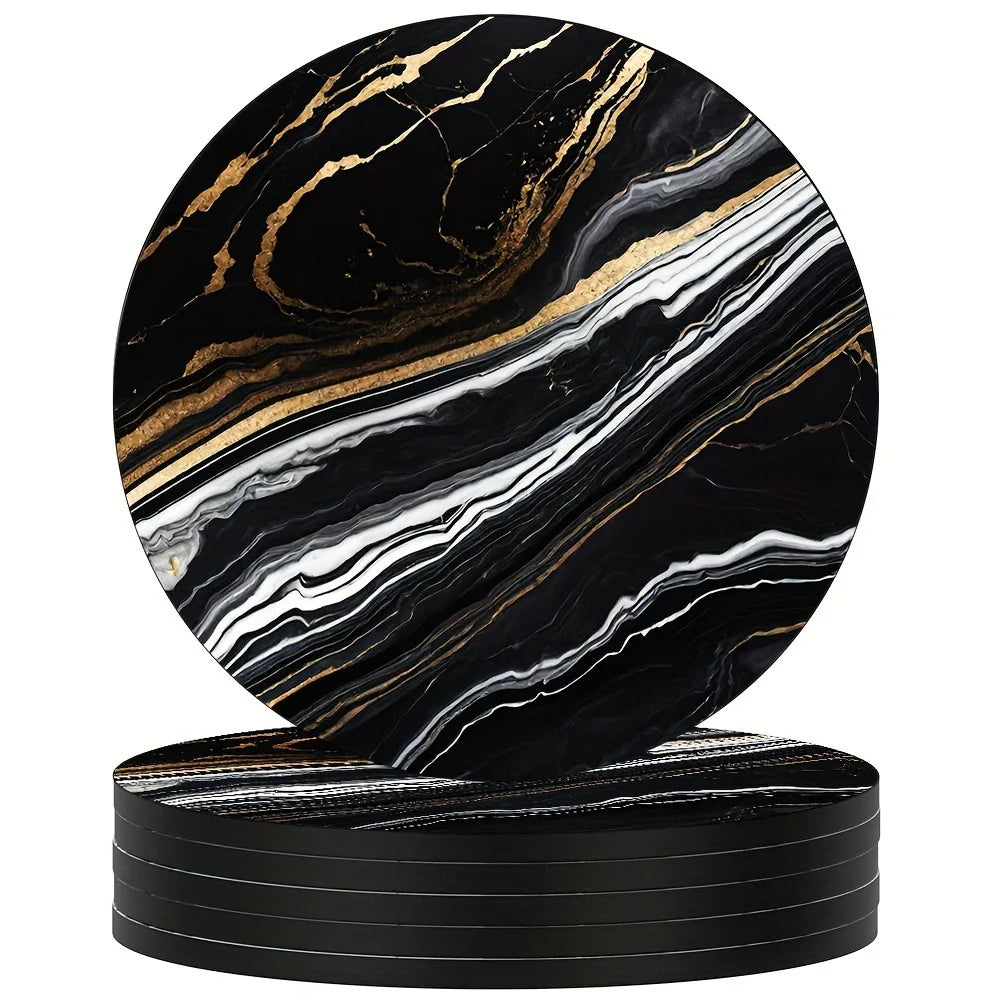 Marble Veining Wooden Drink Coasters Round Absorbent Funny Cold Qme Wooden Black 6Pcs