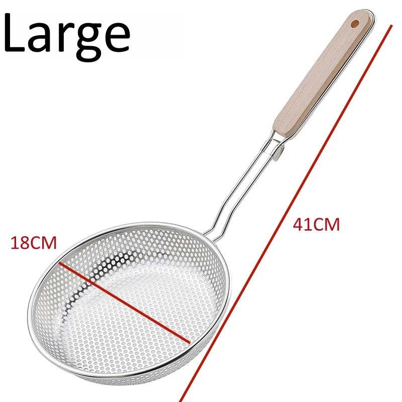 Stainless Steel Colander Fine Mesh Skimmer Spoon with Wooden Handle Used for Cooking Food Large Kitchen Frying Filter Qme large