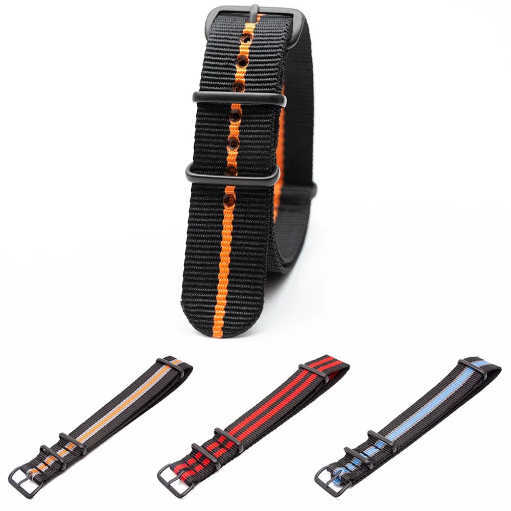 Sports Watch Band Nylon Strap Stainless Steel Black Frosted Buckle Adjustable 18MM 20MM 22MM 24MM Unisex Replacement Wristband Qme