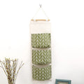 1PC Three Pockets Hanging Wall Storage Bag Household Bedroom Living Room Kitchen Cotton Linen Storage Bag Qme GREEN 3