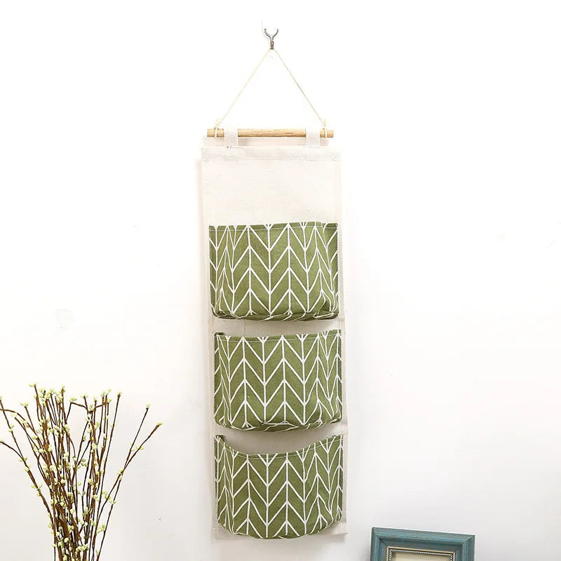 1PC Three Pockets Hanging Wall Storage Bag Household Bedroom Living Room Kitchen Cotton Linen Storage Bag Qme GREEN 3