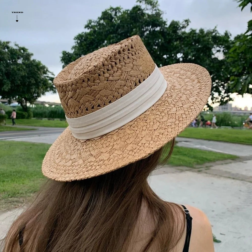 Fashion Wide Brim Hollow Straw Hat Sunscreen Cloth Buckle Western Qme