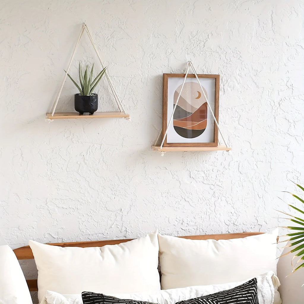 Boho Style 2 Piece Floating Shelves - Wooden Wall Hanging Storage Shelf Set for Potted Plants & Decor, Versatile Log Material, Qme