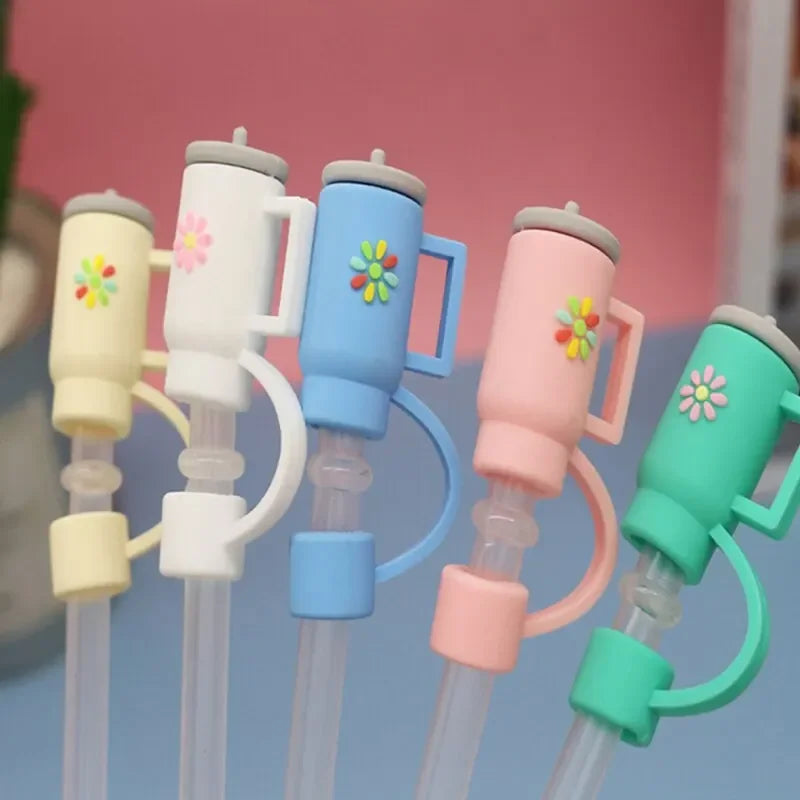 5Pcs Ins Style Cute Silicone Straw Lids Large Diameter Straw Cap Color Silicone Leakproof Plug Cold Drink Accessories Dust Cup Qme 5PCs(with out Straw)
