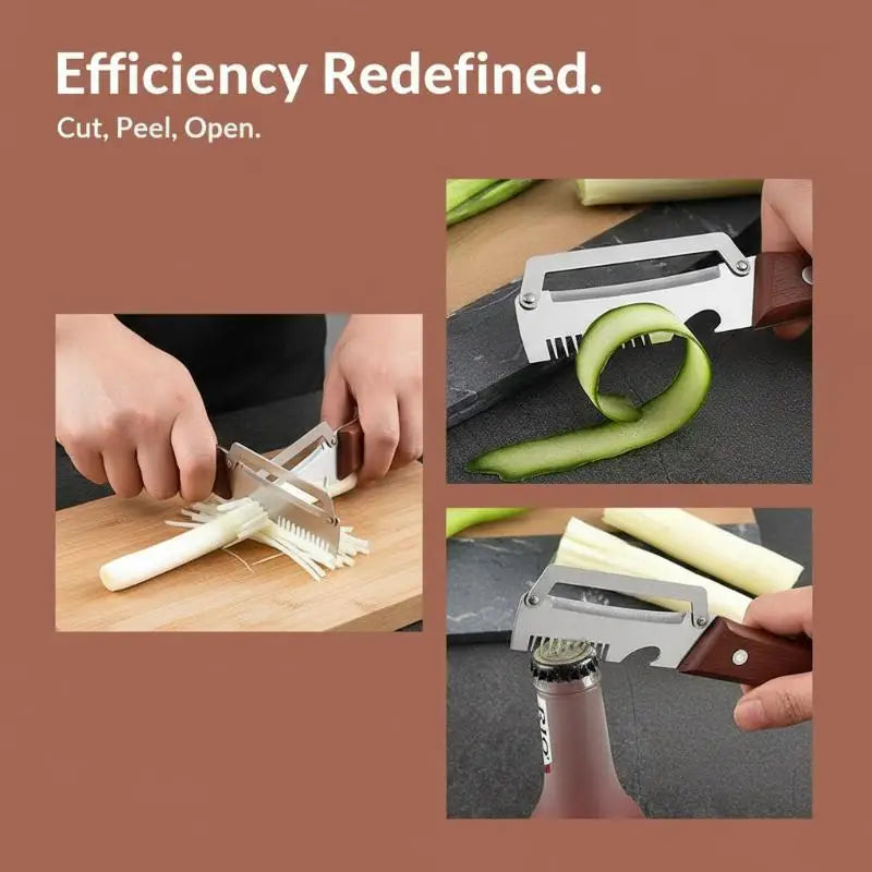Multifunctional Stainless Steel Peeler Wooden Handle 3-in-1 Scallion Qme