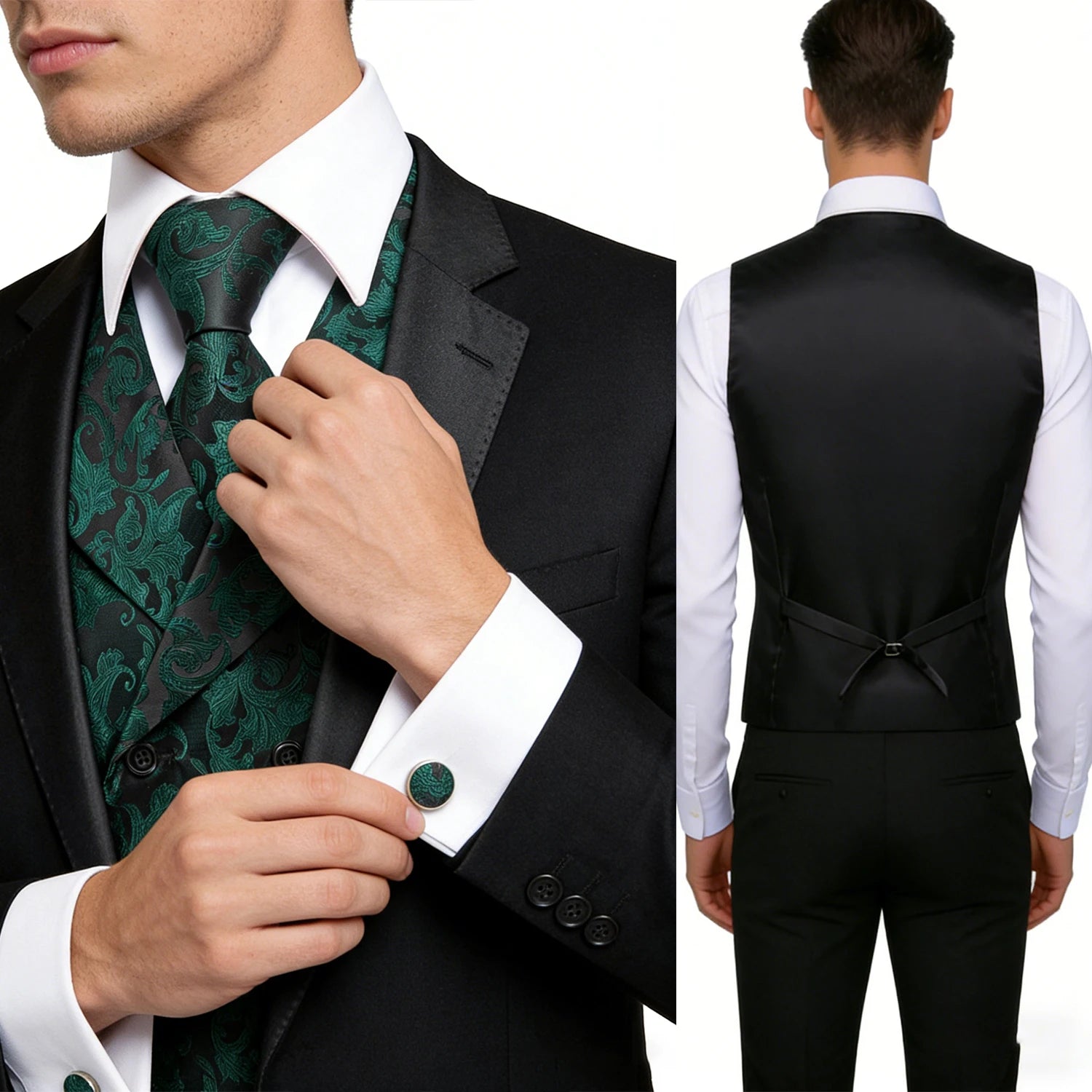 Men's Formal Paisley Jacquard Vest Set – Classic Waistcoat with Matching Tie Hankerchief Cufflinks Ideal for Banquets Qme