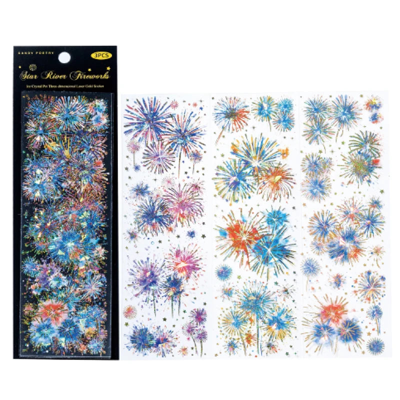 Sticker Pack 3 Sheets/Bag Dazzle Fireworks ThreeDimensional Laser Gold Flat Sheet PET Stickers Handbook Stationery DIY Decorate Qme