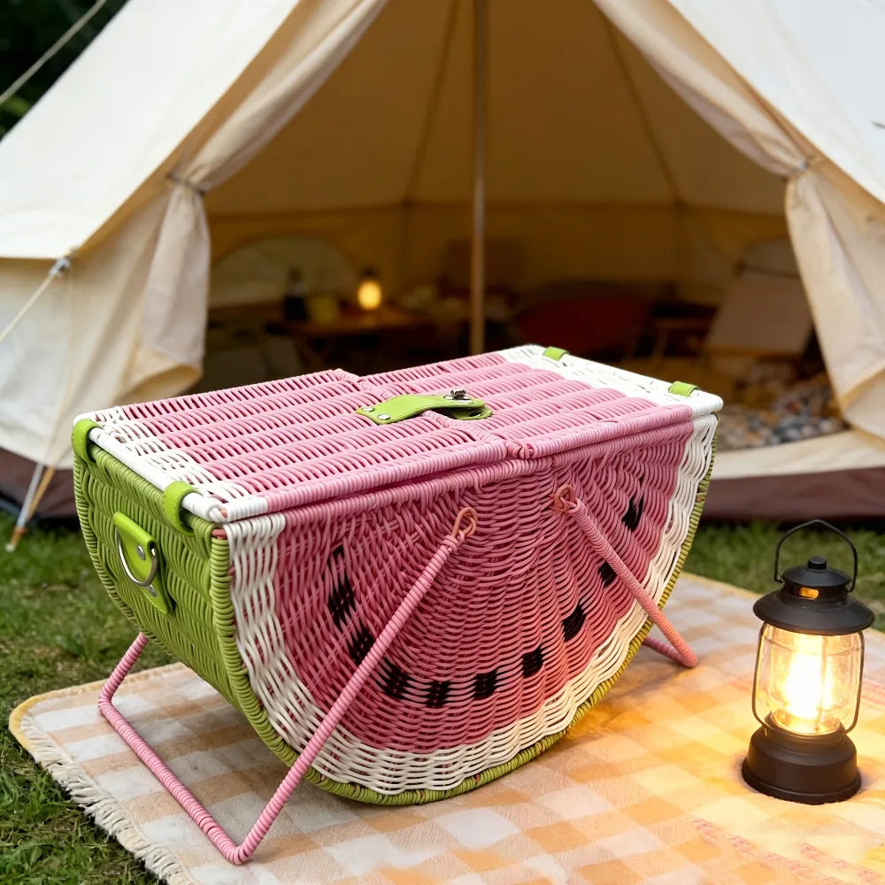 Picnic Basket Retro Watermelon Shaped Picnic Hamper Imitation Rattan Woven Storage Basket with Handle Large Capacity for Camping Qme