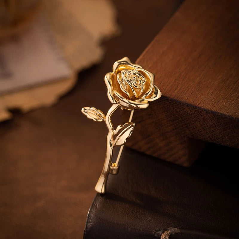 Luxury High-End Gold-Tone Rose Flower Brooch Pin For Women & Men - Elegant Suit Coat Badge Fashion Jewelry Lapel Accessory Qme