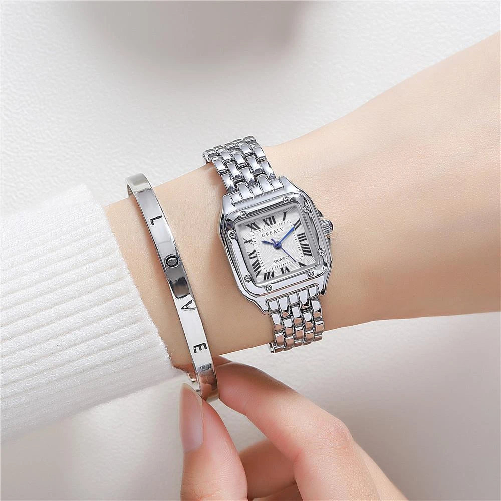 2023 Luxury Women's Fashion Square Watches Gold Alloy Strap Ladies Quartz Wristwatches Qualities Female Roman Scale Clock Qme S set