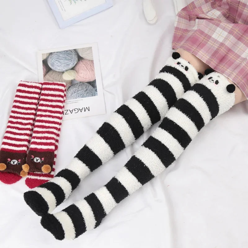 Women Lolita Cute High Socks Harajuku Winter Striped Coral Velvet Long Socks Warm Thicke Knee Length Socks Home Towel Stockings Qme